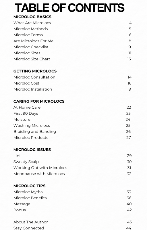 Table of contents for a book on microlocs with black text on a white background.