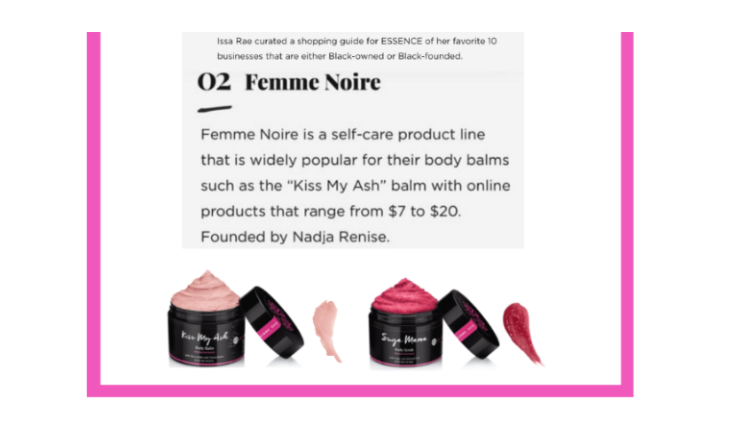 Advertisement for Femme Noire self-care product line with text about Issa Rae's shopping guide.